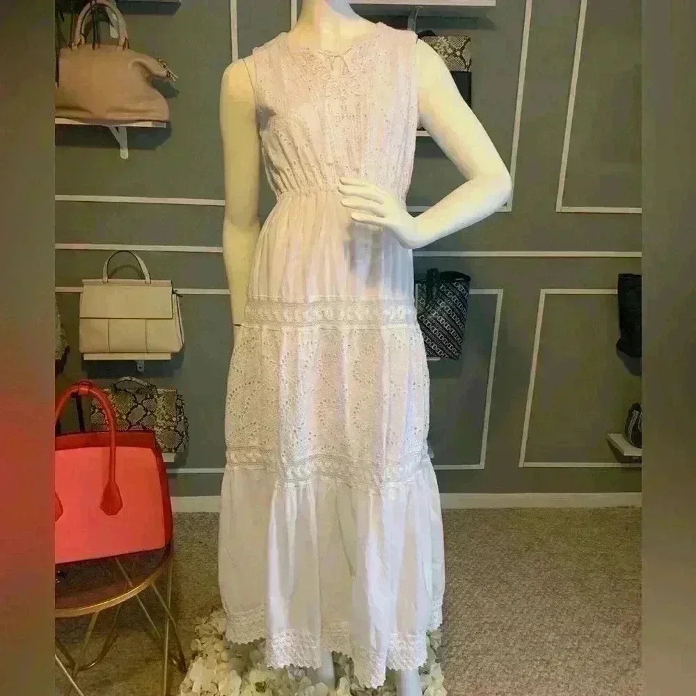 Reba 100% Cotton Boohoo Embroidered Dress  Sleeveless Maxi Dress Size Small